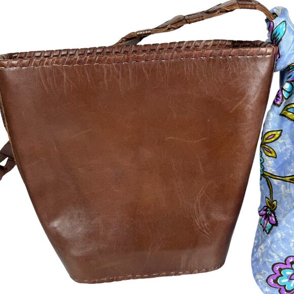 Vintage Brown Leather Shoulder Bag Woven Strap Floral Scarf Boho Classic Casual - Picture 4 of 10